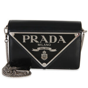 Prada Black Spazzolato Triangle Logo Plate Flap Chain Crossbody Bag